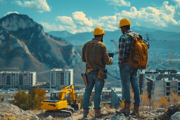 Two workers in jeans on a building site study a map under the sky