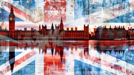 A digital collage blending famous London landmarks with abstract elements and the Union Jack, evoking a modern, artistic take on traditional British symbols.  Generative AI