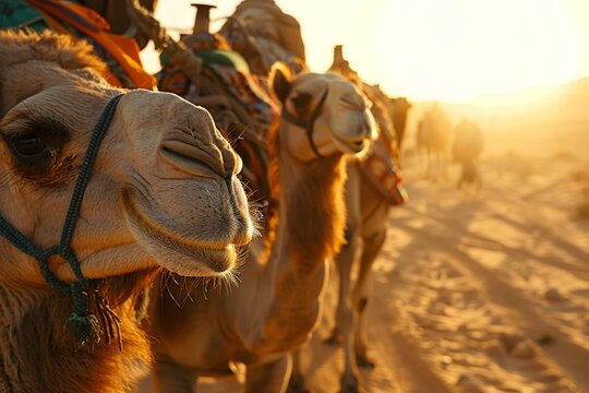 A group of Arabian camels in the desert, serving as pack animals