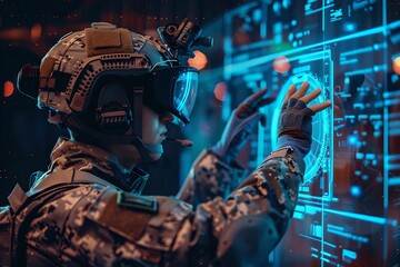 Soldier interacting with a futuristic digital interface. Holographic HUD, GUI. Future technology. Virtual reality and augmented reality, VR / AR. Armed forces concept. 