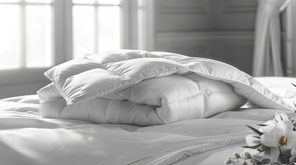 Elegant White Duvet on a Serene Bed Setting With Soft Light Generative AI - obrazy, fototapety, plakaty