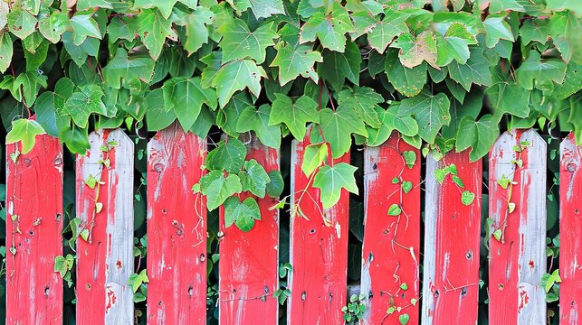 red wooden fence with green leaves. Generative AI
