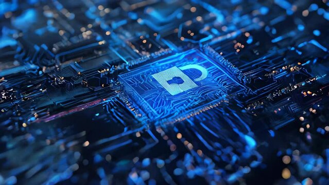 Slow Motion Video of a A vivid blue lock symbol shines atop a detailed circuit board, symbolizing digital security