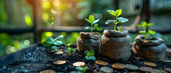 Eco-Investment Growth: Plants & Coins Flourish Together. Concept Sustainable Investing, Green Finance, Environmental Profits, Eco-Friendly Portfolios, Financial Growth