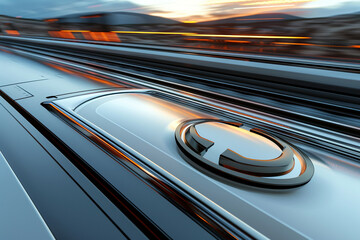 A futuristic logo mockup on the metallic surface of a high-speed train, with the blur of the passing landscape. 32k, full ultra hd, high resolution