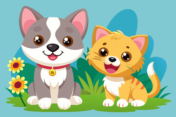 Obraz na płótnie Canvas Puppy and Kitty with flower are smiling