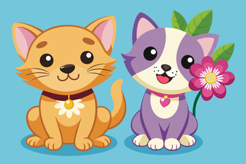 Puppy and Kitty with flower are smiling