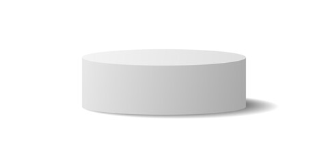 Empty white circle podium mockup with shadow effect, empty round pedestal for display, white ellipse cylinder podium for product presentation isolated on white background. Vector illustration.