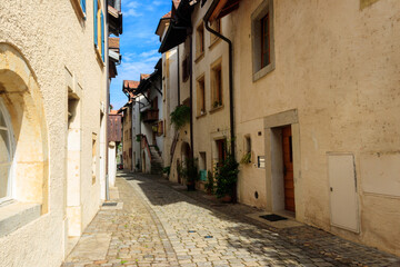 Narrow street in Ligerz town, canton of Bern, Switzerland