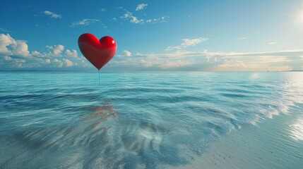 A heart-shaped balloon floats gently on the surface of the ocean, carried by the waves and wind. The red balloon stands out against the blue water, creating a simple yet striking scene.