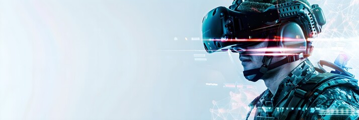 Soldier in VR headset on white background with digital elements. Futuristic data backdrop. Future technology. Virtual reality and augmented reality. Armed forces concept. Banner with copy space