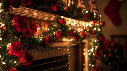 Fototapeta na wymiar A richly decorated fireplace mantle with a Christmas garland of red roses and warm candlelight