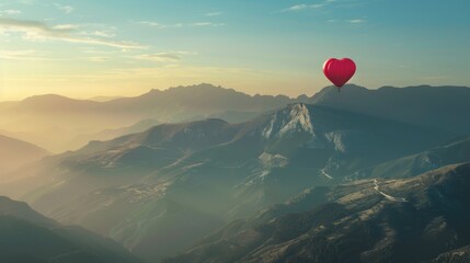 A hot air balloon, shaped like a heart, floats gracefully in the sky above a majestic mountain range. The vibrant colors of the balloon contrast with the rugged terrain below, creating a stunning