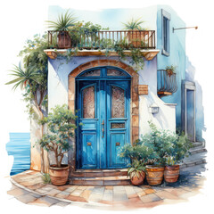 Fototapeta na wymiar Watercolor Doors on Seaside Illustration, Generative Ai