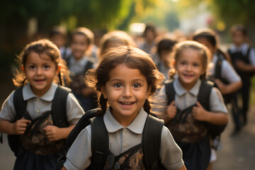 A group of young girls are smiling and walking together