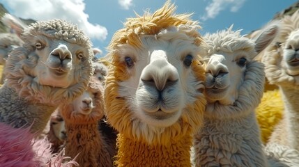 Obraz premium A cluster of llamas posed together against a backdrop of blue sky and drifting clouds