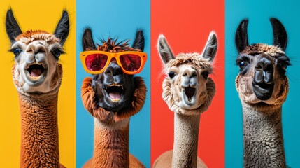 Naklejka premium A group of llamas dons sunglasses, standing before a vibrant, multi-colored wall Their mouths are agape