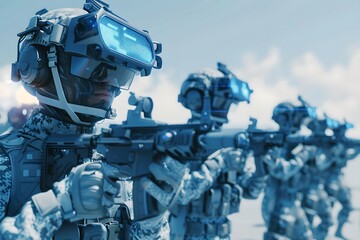 Futuristic soldiers with VR headsets. Future technology, sci-fi. Armed forced concept. Virtual reality, augmented reality. Design for banner, poster - obrazy, fototapety, plakaty