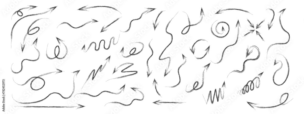 Poster a set of arrows drawn by hand with charcoal or brush. curved, twisted and straight pointers in solid