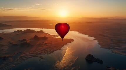 A vibrant hot air balloon shaped like a heart glides gracefully over a stunning body of water, creating a mesmerizing view. The balloons colors pop against the blue water as it peacefully floats