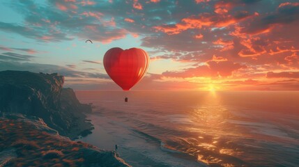 A hot air balloon, shaped like a heart, is flying gracefully over the ocean as the sun sets in the background. The colorful balloon stands out against the orange and purple sky, creating a mesmerizing