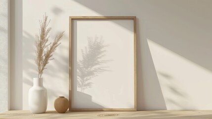Blank a4 wood frame mockup interior background, circular motion, 3d rendering. living room. Vertical painting plaque mockup. Clear table border with canvas panel template