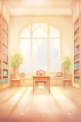 Library, Serene library, warm light & shelves of books, cartoon drawing, water color style.