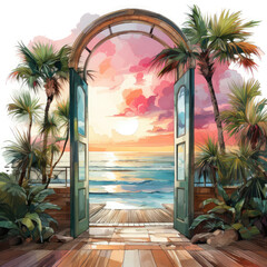 Watercolor Doors on Seaside Illustration, Generative Ai