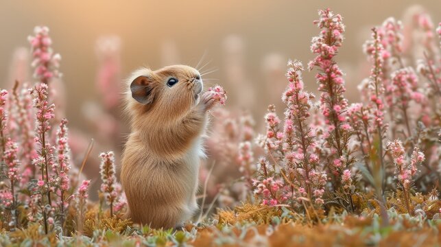   A hamster, small in stature, balanced on hind legs amidst a flower-filled meadow Pink blossoms enveloped the background