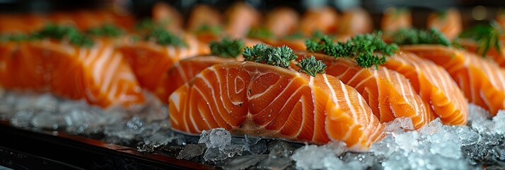 Frozen seafood exhibit featuring red fish steaks on ice in a display case