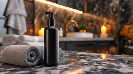 Fototapeta na wymiar A glossy, black luxury skincare bottle mockup on a marble bathroom counter, with a backdrop of a high-end spa interior, soft towels. 32k, full ultra hd, high resolution