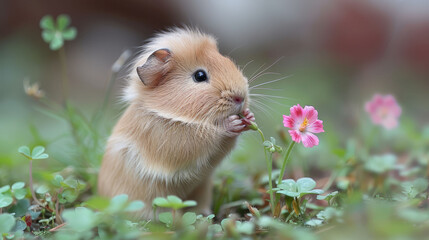   A small rodent forages on a flower amidst a sea of green grass and pink blooms in the foreground The backdrop softly blurs into an expanse of similar hues