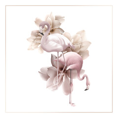 Digital elegant illustration with beautiful pink flamingoes and flowers. Floral print and artwork with birds © AndY_art