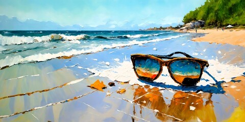 Sunglasses in summer beach sand, travel, tourism painting
