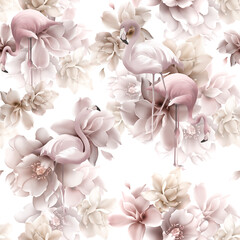 Seamless beautiful floral pattern with flamingos and realistic flowers. Floral background with flamingoes and magnolia flowers