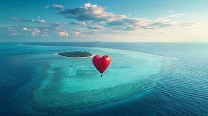 A red heart-shaped balloon floats gracefully in the sky above a small island, adding a pop of color to the serene landscape.