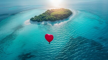 Fototapeta premium A red heart-shaped balloon floats gracefully in the center of a body of water, creating a striking contrast against the calm blue surface.