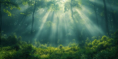 Obraz premium In the forest, sunlight filters through the lush canopy, casting enchanting rays on the tranquil landscape.