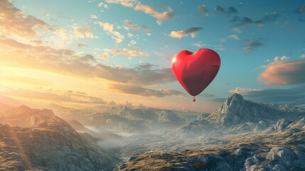 A heart-shaped balloon is seen flying gracefully over a majestic mountain range, creating a surreal and captivating scene in the sky.