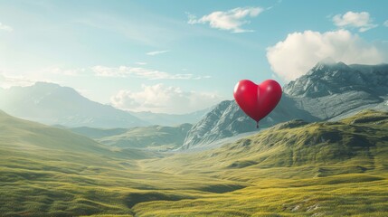 A heart-shaped balloon is soaring gracefully above a vibrant green valley. The scenery is filled with lush vegetation and the balloon stands out as the main focal point of the scene.