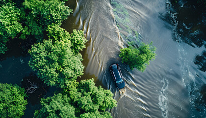 car drives along a flooded road, top view