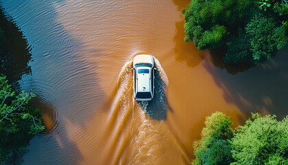 car drives along a flooded road, top view - obrazy, fototapety, plakaty