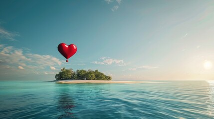 A heart-shaped balloon drifts gracefully above a tiny island, the vibrant red contrasting with the serene blue sky and lush green landscape below. The scene is surreal yet captivating.