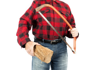 an unidentifiable wood worker in a red and black lumberjack shirt holds a bow saw isolated on whit