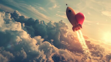 A surreal scene featuring a red rocket in the shape of a heart flying through fluffy white clouds against a blue sky backdrop.