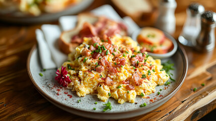 There is a plate of bacon and scrambled eggs on a wooden table. There is also a bowl of strawberries on the table.