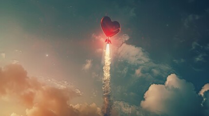 A heart shaped balloon is seen soaring through the sky in a surreal scene resembling a rocket.