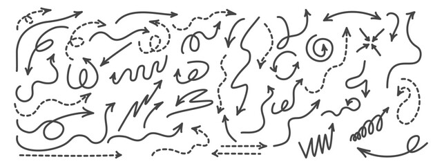 A set of hand-drawn arrows. Curved, twisted and straight arrows with solid and dotted lines. Vector set of pointers
