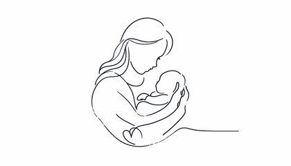 A black continuous line drawing of a mother cradling her baby, set against a pure white background.