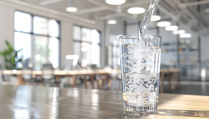 water flows into a transparent glass from a cooler on a blurred office background - obrazy, fototapety, plakaty